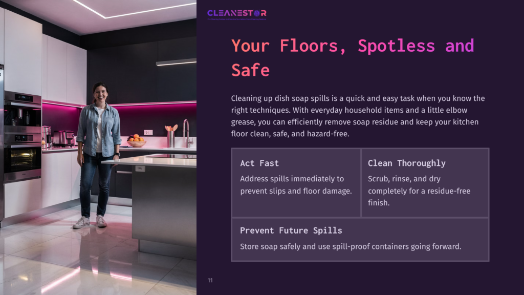 A Woman Stands In A Modern Kitchen With Pink Led Lights, Showing A Clean Floor And Counter While Holding A Spray Bottle And Cloth.