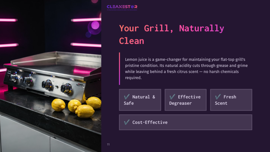 A Stainless Steel Flat-Top Grill Beside Fresh Lemons On A Dark Countertop; Pink Neon Lights Create A Vibrant Backdrop.