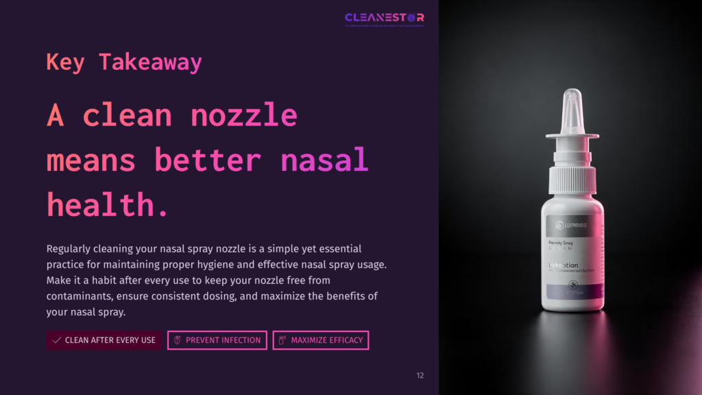 A White Nasal Spray Bottle With A Nozzle, Against A Dark Background, Accompanied By Text On Cleaning And Hygiene Benefits.