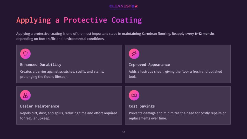 Dark Purple Background With White And Pink Text Highlighting Four Benefits Of Applying A Protective Coating On Flooring, With Icons.