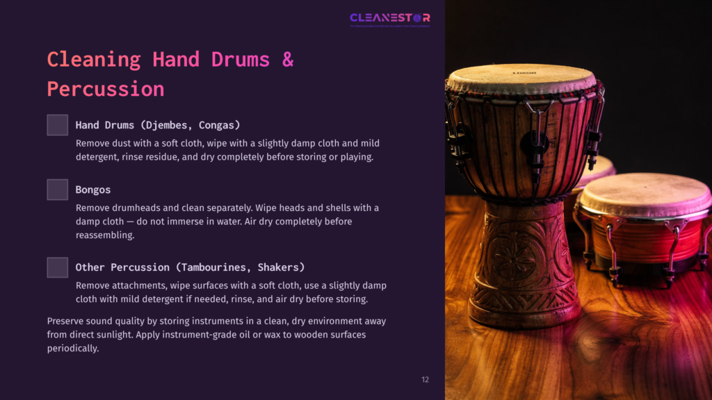 A Wooden Hand Drum And A Bongo, Positioned On A Textured Surface, With Cleaning Instructions Highlighted In Purple And White Text.