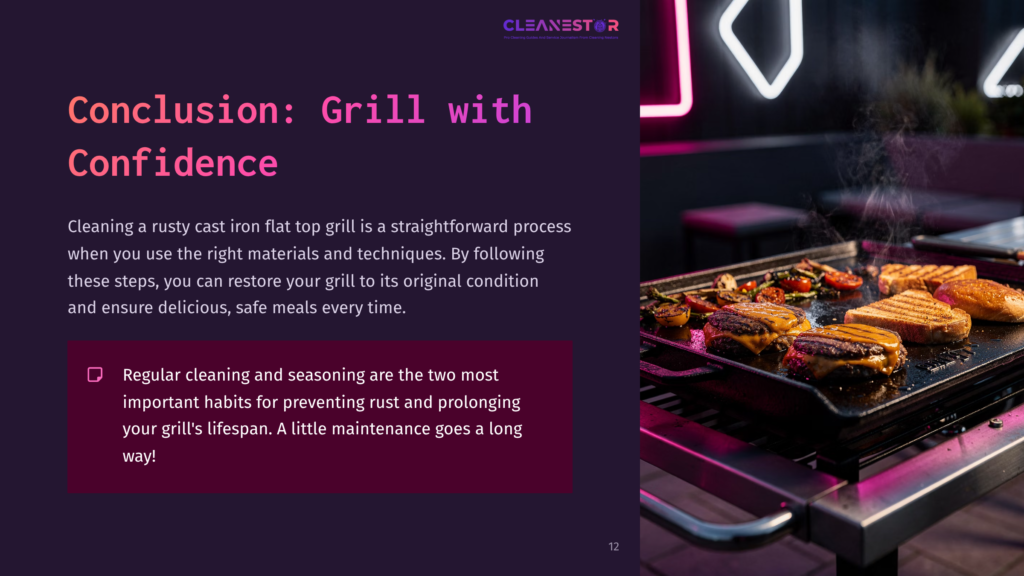A Cast Iron Flat Top Grill With Grilled Meats And Vegetables, Set Against A Dark Background With Vibrant Neon Lighting.