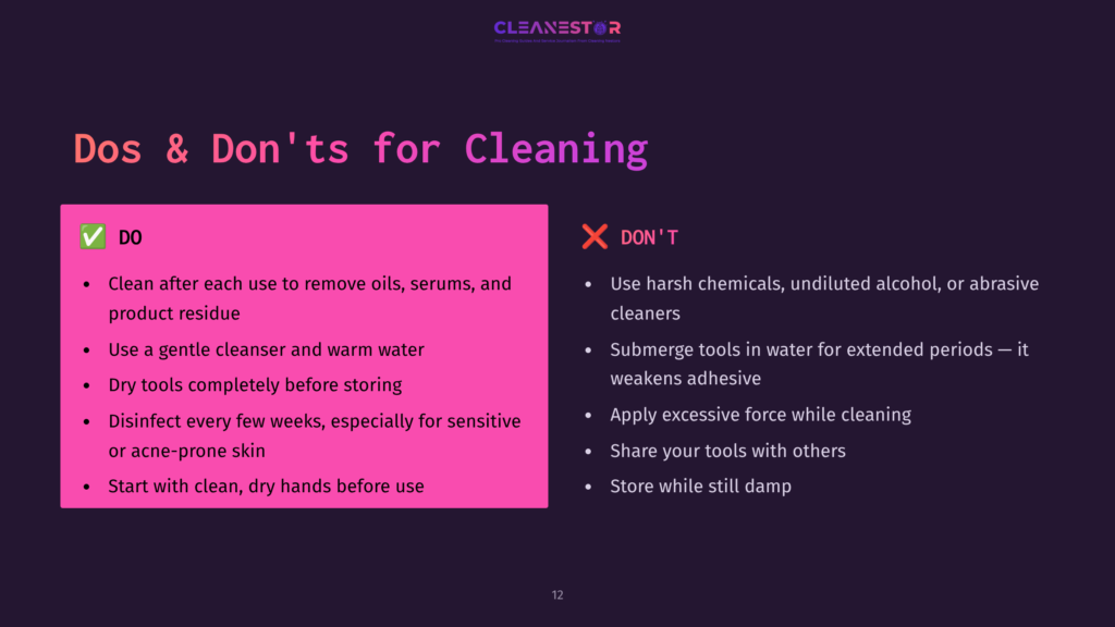 Bright Pink Box With Cleaning Tips On A Dark Background, Listing Dos And Don'Ts For Jade Roller And Gua Sha Care In Clear, Bold Text.