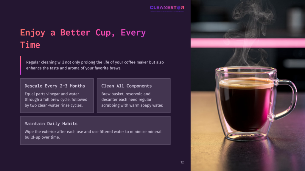 A Steaming Cup Of Dark Coffee In A Clear Double-Walled Glass Mug Sits On A Dark Surface, With A Pink Light Source In The Background. Text On The Left Promotes Coffee Maker Cleaning.