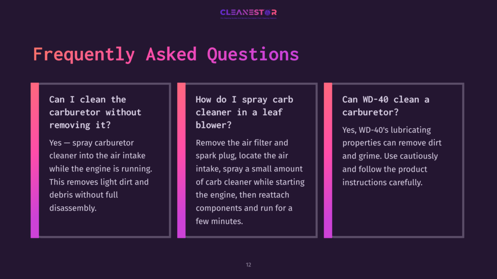 Three Questions Outlined In White Text On A Dark Purple Background, Discussing Leaf Blower Carburetor Cleaning And Maintenance Tips.
