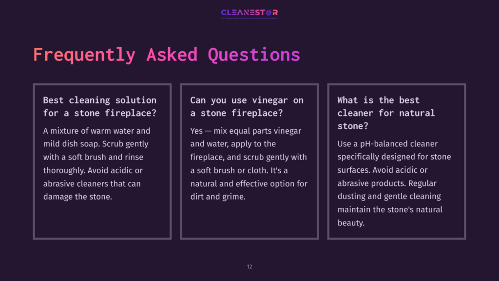 Three Question-And-Answer Sections On A Dark Purple Background. Text Highlights Cleaning Solutions For Rock Fireplace Walls, Including Vinegar And Ph-Balanced Cleaners.