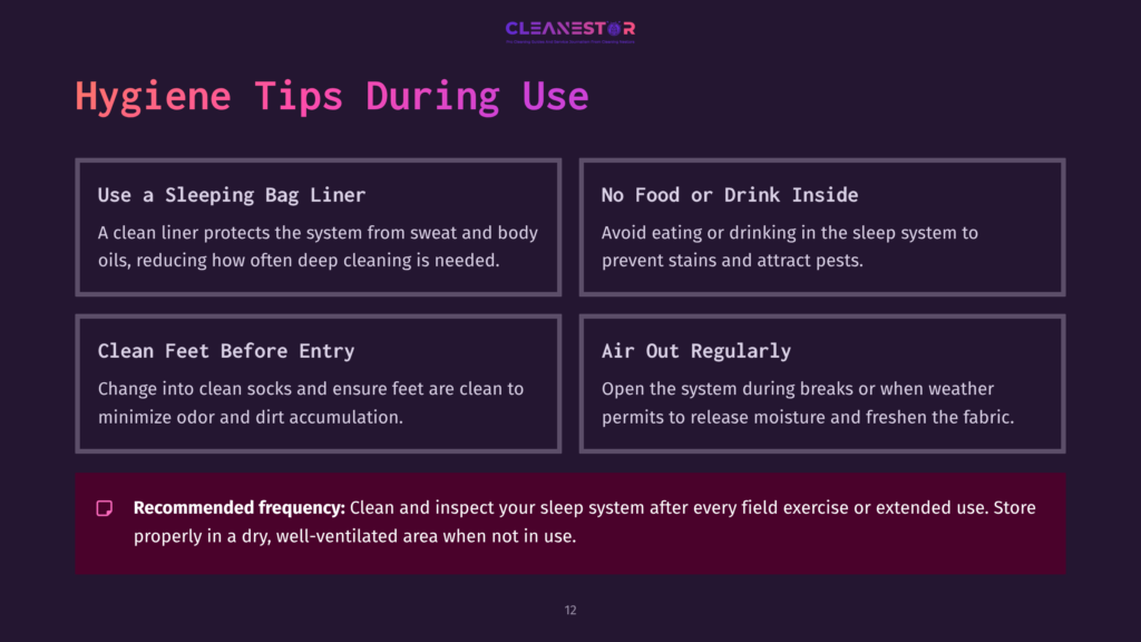 A Dark Purple And White Graphic With Hygiene Tips For Sleep System Use, Featuring Icons And Text About Cleanliness And Maintenance.