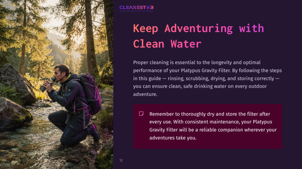 12 Keep Adventuring With Clean Water Person Kneeling By A Stream In A Forest, Cleaning A Platypus Gravity Filter, Surrounded By Trees And Sunlight Filtering Through Leaves.