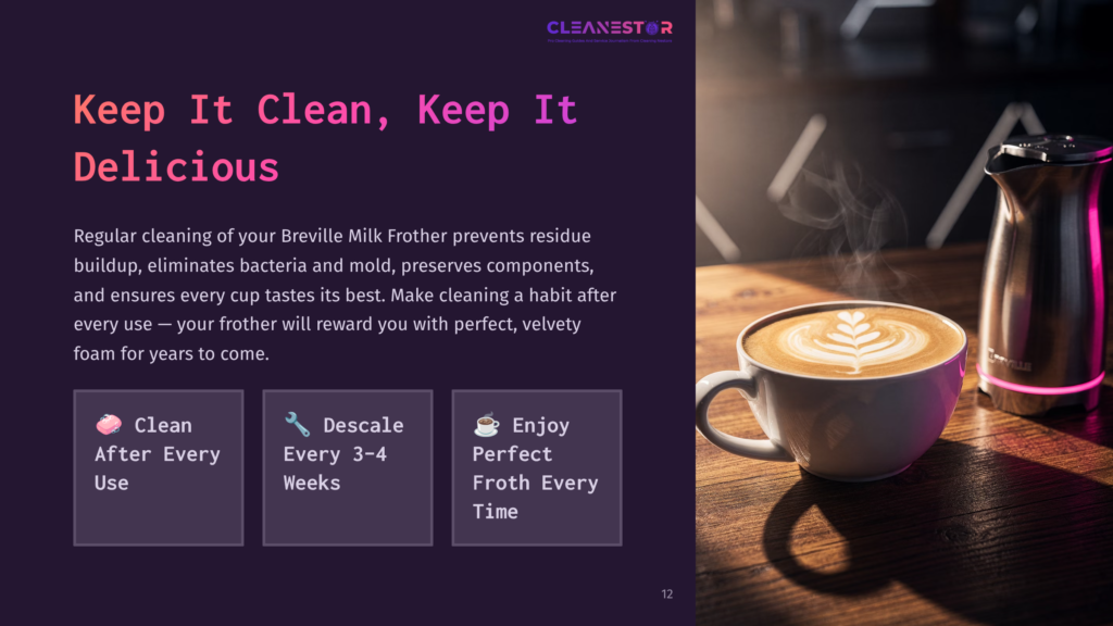 12 Keep It Clean Keep It Delicious A Steaming Latte With Intricate Foam Art Sits In A White Ceramic Mug Next To A Silver Milk Frother. The Scene Is Set On A Wooden Table With Warm Lighting.