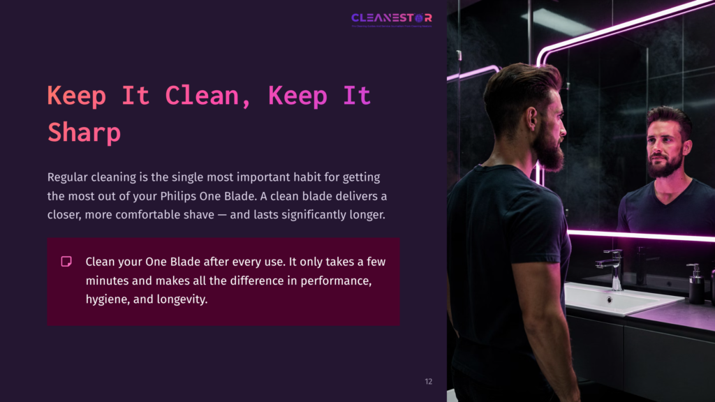 A Man With A Beard Stands In Front Of A Bathroom Mirror, Illuminated By Purple Neon Lights, Emphasizing Grooming And Cleanliness.