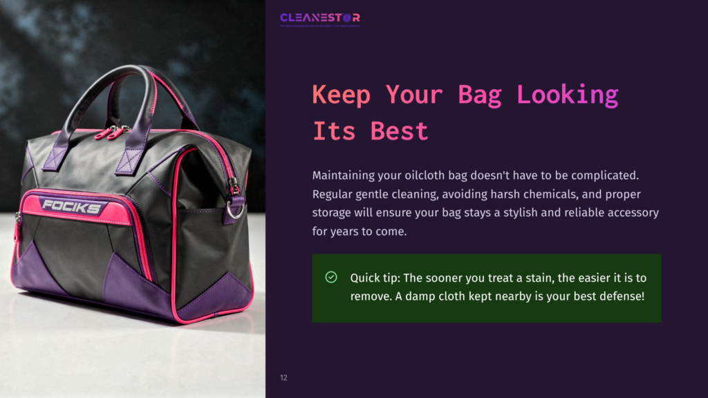 12 Keep Your Bag Looking Its Best A Stylish Black, Purple, And Hot Pink Focik'S Oilcloth Duffel Bag Sits On A White Surface, With The Brand Logo Clearly Visible On The Front. The Bag Is Positioned In Front Of A Dark, Textured Background, With Text Overlaying The Right Side Of The Image.