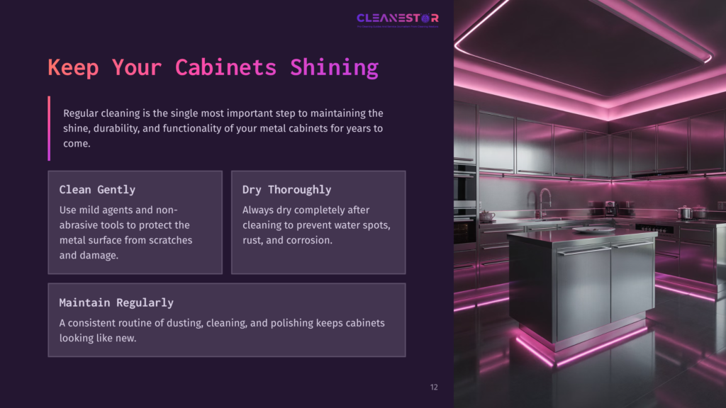 Bright Kitchen Scene Featuring Metal Cabinets Illuminated With Pink Led Lights. Text Boxes On The Left Outline Cleaning Tips.
