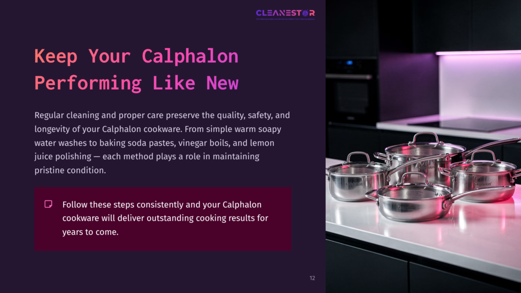Shiny Calphalon Pots And Pans Arranged On A Kitchen Countertop With Warm Lighting, Alongside A Purple Background Featuring Text.