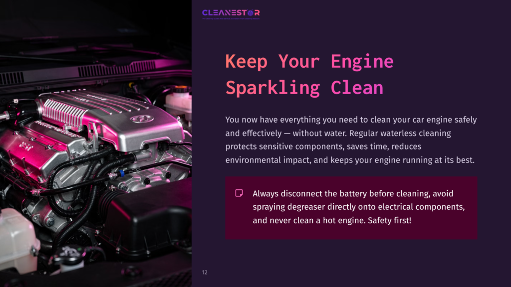 12 Keep Your Engine Sparkling Clean Close-Up View Of A Sparkling Clean Car Engine, With A Focus On The Polished Silver Components And Vibrant Pink Lighting. Text Overlay Reads &Quot;Cleanestor&Quot; And &Quot;Keep Your Engine Sparkling Clean.