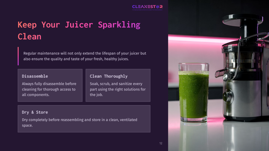 A Sleek, Silver Juicer Sits On A Clean White Counter, Filled With Vibrant Green Juice In A Clear Glass, With Bright Pink Neon Lights In The Background. Text On The Left Reads &Quot;Keep Your Juicer Sparkling Clean&Quot;.