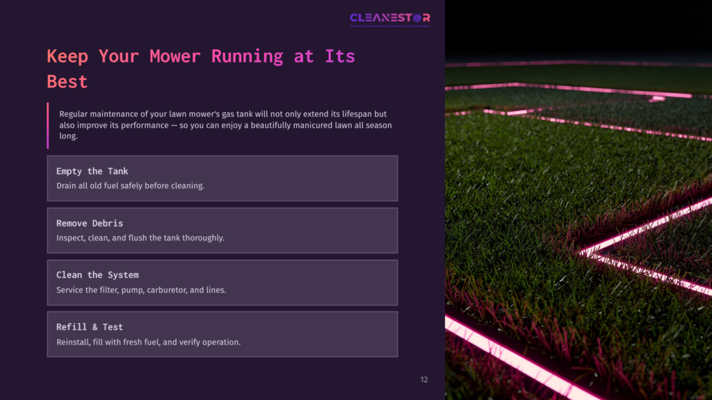A Well-Maintained Lawn With Neon Pink Outlines, Featuring Grass And A Dark Background, Alongside Cleaning Steps For A Gas Tank.