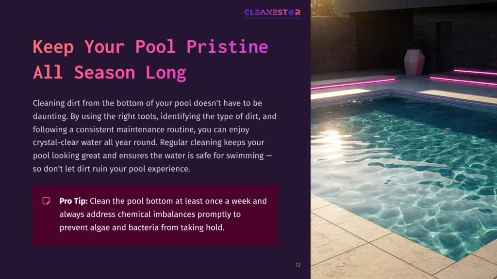 12 Keep Your Pool Pristine All Season Long A Clean Swimming Pool With Clear Blue Water, Surrounded By Light-Colored Tiles, And Illuminated By Pink Led Lights At Dusk.