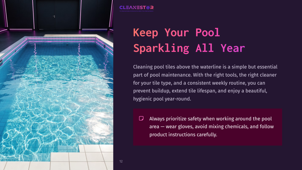 12 Keep Your Pool Sparkling All Year Cleanestor Logo Above A Sparkling Clean Swimming Pool With Bright Blue Water And White Tile, Illuminated By Purple Led Lights.