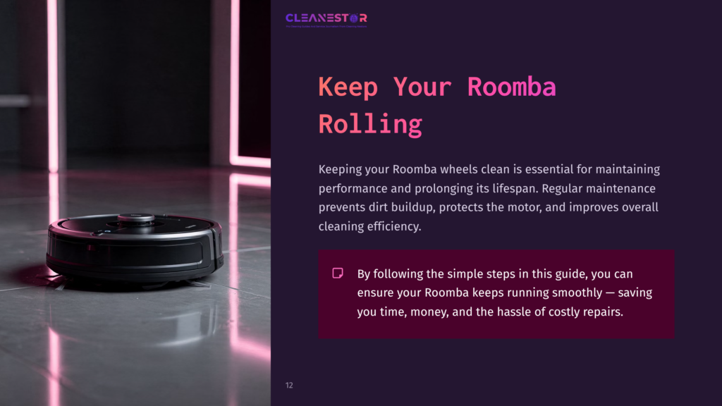 12 Keep Your Roomba Rolling A Black Roomba Vacuum On A Reflective Floor, With Pink Neon Lighting In The Background, Emphasizing Cleanliness And Maintenance.