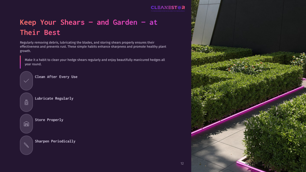 Hedge Shears Resting On A Neatly Trimmed Hedge, With A Modern Garden Layout Featuring Pink Lighting Along The Edge.