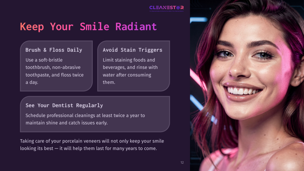 12 Keep Your Smile Radiant A Smiling Woman With Long Brown Hair And Bright White Teeth, Possibly A Dental Patient, Is Featured In A Vibrant Pink And Purple Light. The Image Includes Text About Keeping Porcelain Veneers Radiant.
