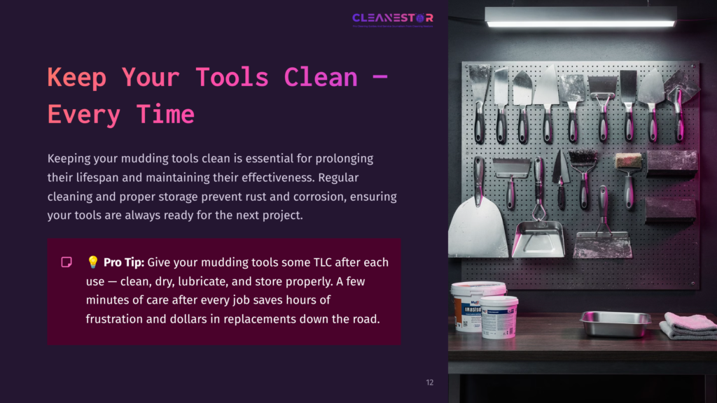 A Well-Organized Workspace With Various Mudding Tools On A Shelf, Featuring Pink And Silver Colors, Alongside Cleaning Supplies.