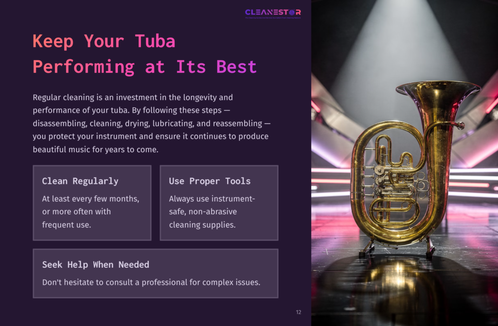 Brass Tuba Displayed On A Stage With Colorful Lighting, Alongside Tips For Maintenance And Care In Bold Text Boxes.