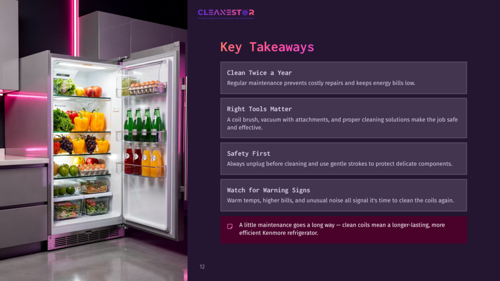 A Kenmore Refrigerator With A Transparent Door, Filled With Colorful Drinks, Beside A Cleaning Checklist On A Purple Background.