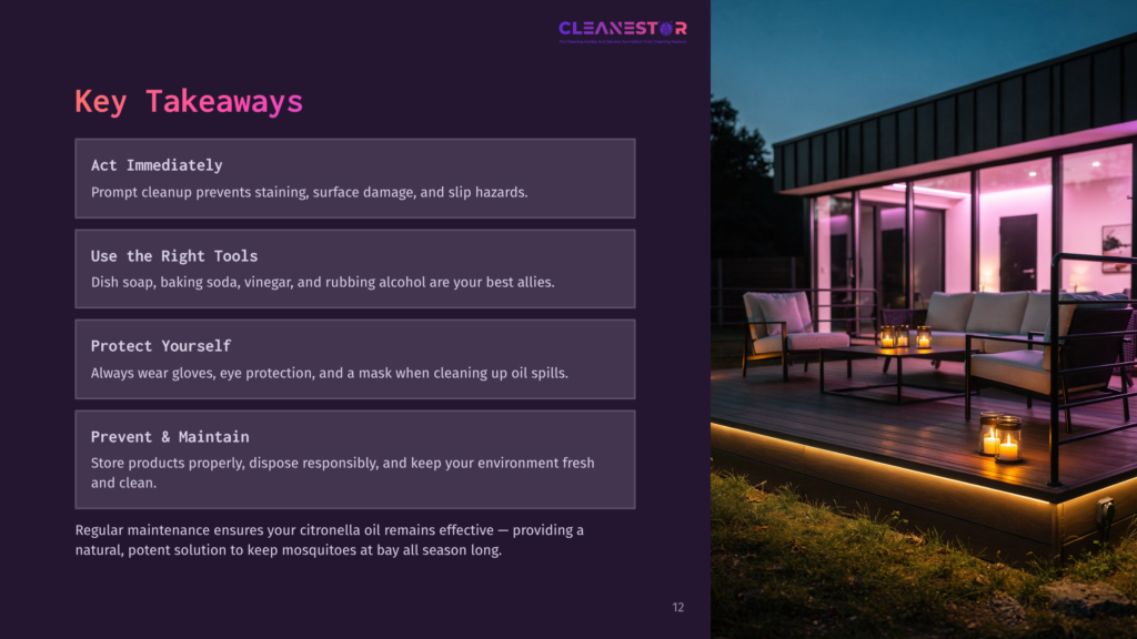 12 Key Takeaways 5 Cleanestor Logo And &Quot;Key Takeaways&Quot; Title With Bullet Points On The Left, And A Modern Outdoor Patio With Furniture And Ambient Lighting On The Right.