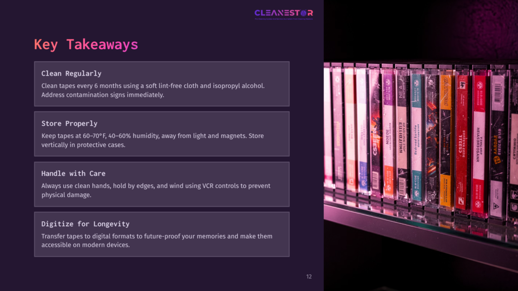 12 Key Takeaways 6 A Shelf Of Colorful Vhs Tapes Is Displayed On A Shelf, Illuminated By Purple Lighting. Text On The Left Provides Tips For Cleaning And Storing Tapes.