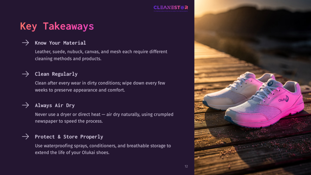 Two Olukai Shoes, A White And A Beige Model, Rest On A Wooden Boardwalk With A Blurred Beach And Ocean In The Background. The Text &Quot;Cleanestor&Quot; Is Visible At The Top Left.