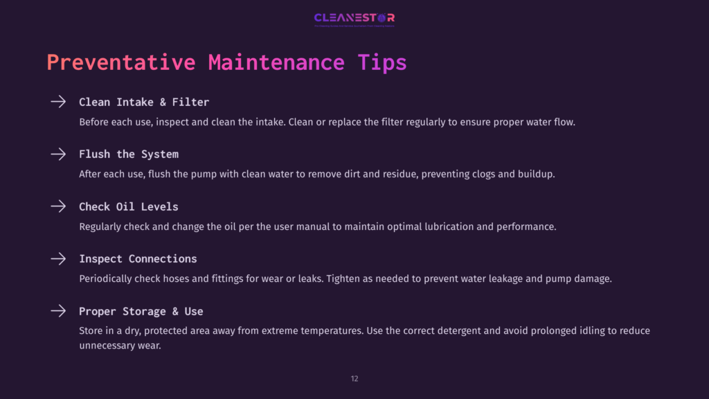 12 Preventative Maintenance Tips Bullet-Point List With White Text On A Dark Background, Detailing Preventive Maintenance Tips For A Pressure Washer Pump.