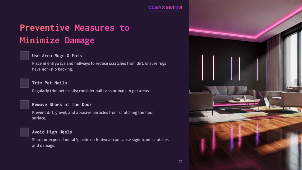 A Modern Living Room With Cherry Hardwood Floors, Featuring A Grey Sofa, Pink Accent Lights, And A Minimalist Layout With A Rug.