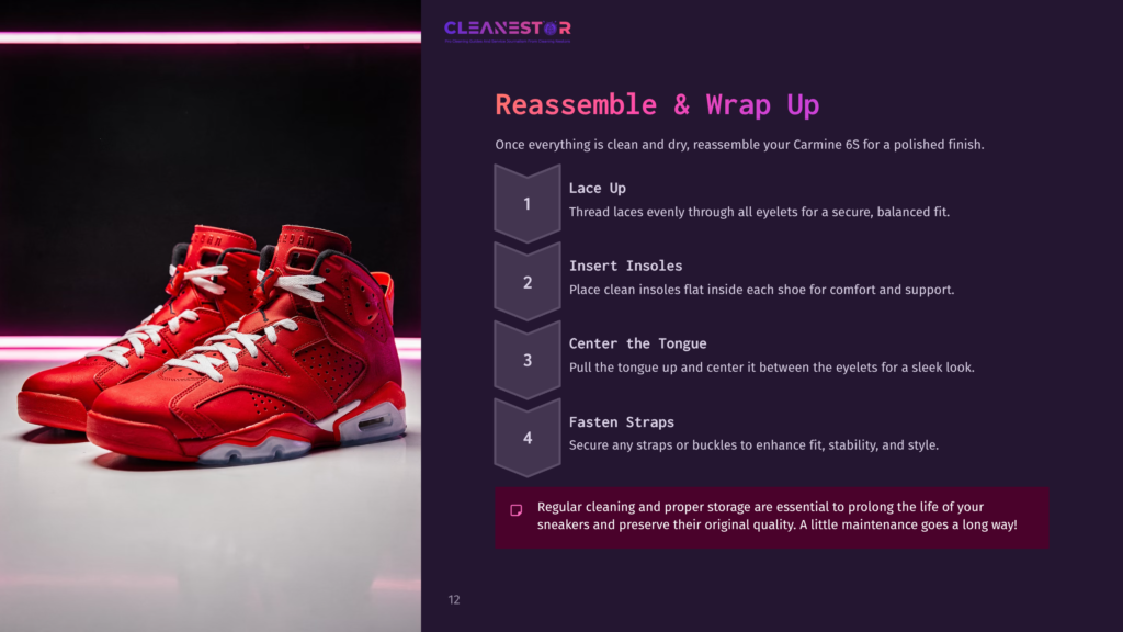12 Reassemble And Wrap Up Red And White Sneakers On A Purple Background, Accompanied By A Step-By-Step Guide For Reassembling Them, Highlighted With Numbered Instructions.