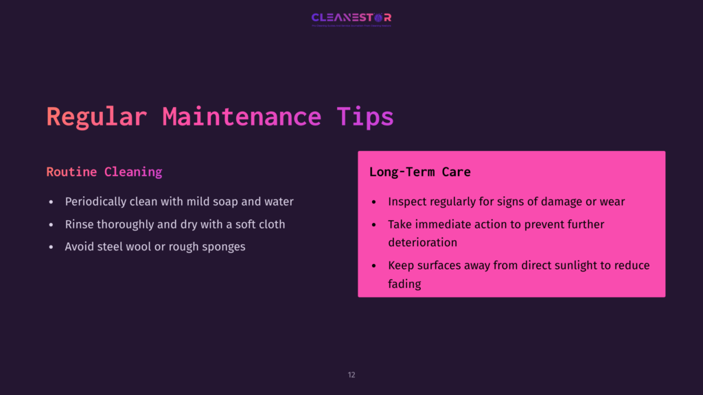 12 Regular Maintenance Tips Text On A Dark Background Lists Cleaning Tips For Lexan, With Pink Boxes Highlighting Routine Cleaning And Long-Term Care Advice.