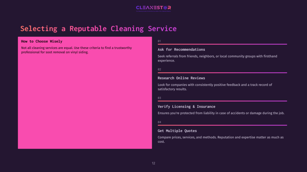 Bright Pink Box Highlights Advice On Selecting A Cleaning Service, With Sections For Recommendations, Reviews, Licensing, And Quotes On A Dark Background.