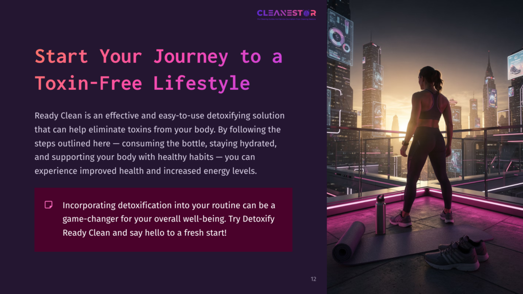 12 Start Your Journey To A Toxin Free Lifestyle A Woman In Athletic Wear Stands On A Balcony Overlooking A Futuristic Cityscape At Sunrise, Ready For A Workout. The Text &Quot;Start Your Journey To A Toxin-Free Lifestyle&Quot; Is Visible.