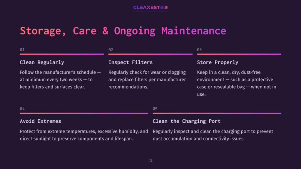 Purple And Pink Infographic Outlining Air Purifier Necklace Maintenance Tips, Including Cleaning, Inspecting Filters, And Proper Storage.