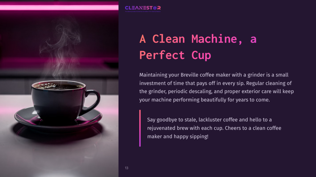 A Dark Gray Coffee Cup Filled With Steaming Coffee Sits On A Matching Saucer, Bathed In Soft Purple Light. The Text &Quot;Cleanestor&Quot; And &Quot;A Clean Machine, A Perfect Cup&Quot; Are Visible.