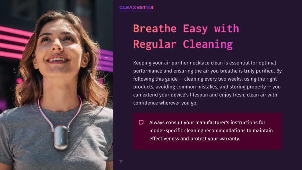 A Woman Wearing A Silver Air Purifier Necklace Smiles, With Vibrant Pink And Purple Lights In The Background.