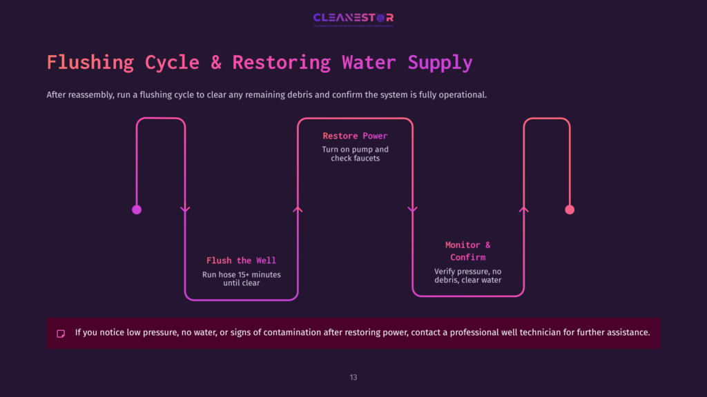 Flowchart Detailing The Well Cleaning Process With Steps: Restore Power, Flush The Well, And Monitor &Amp; Confirm. Colors Are Dark Purple And Pink.