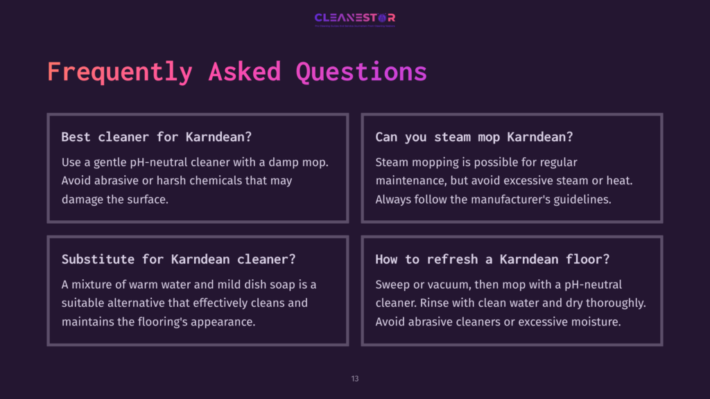 Four Text Boxes With Questions And Answers About Cleaning Karndean Flooring, Featuring A Dark Background And Pink Accents.