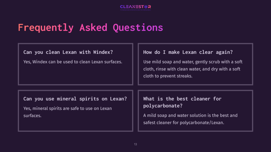 13 Frequently Asked Questions Four Faq Boxes With White Text On A Dark Purple Background, Featuring Questions About Cleaning Lexan And Recommended Methods.