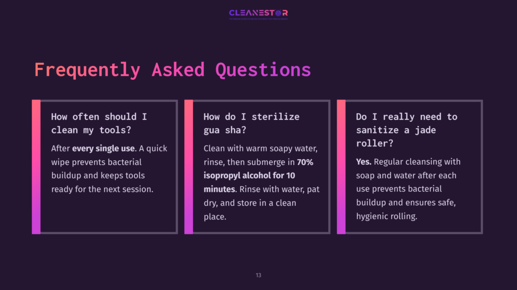 Three Colorful Question Boxes On A Dark Background: Red, Pink, And Purple, Listing Faqs About Cleaning Jade Rollers And Gua Sha Tools.
