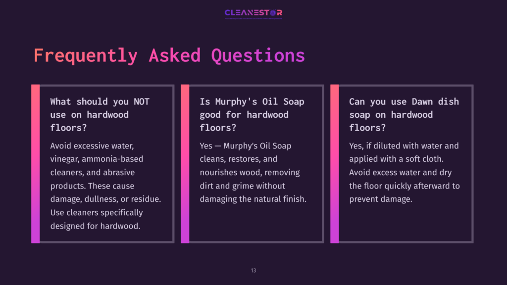 Text-Based Faq Section On Hardwood Floor Cleaning, Featuring Purple Background, White And Pink Boxes For Questions And Answers.