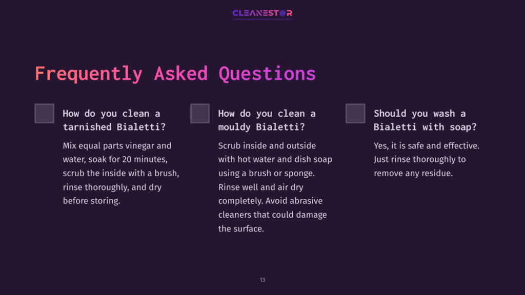 A Dark Purple Background Features White Text With Faqs About Cleaning A Bialetti, Including Tips And Precautions, With Checkboxes.