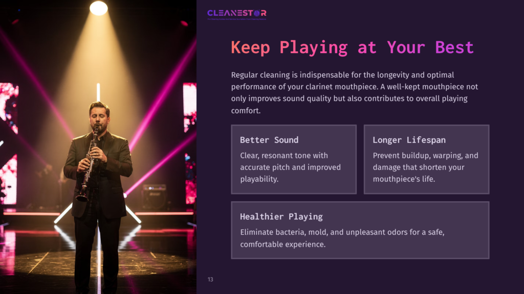 13 Keep Playing At Your Best Musician Playing A Clarinet On A Stage With Dramatic Lighting, With Text Overlay &Quot;Keep Playing At Your Best&Quot; And &Quot;Cleanestor&Quot;.