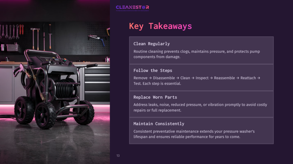 13 Key Takeaways A Pressure Washer In A Garage Setting, With A Tool Cabinet In The Background, Highlighted By Purple Lighting And Clear Instructional Text.