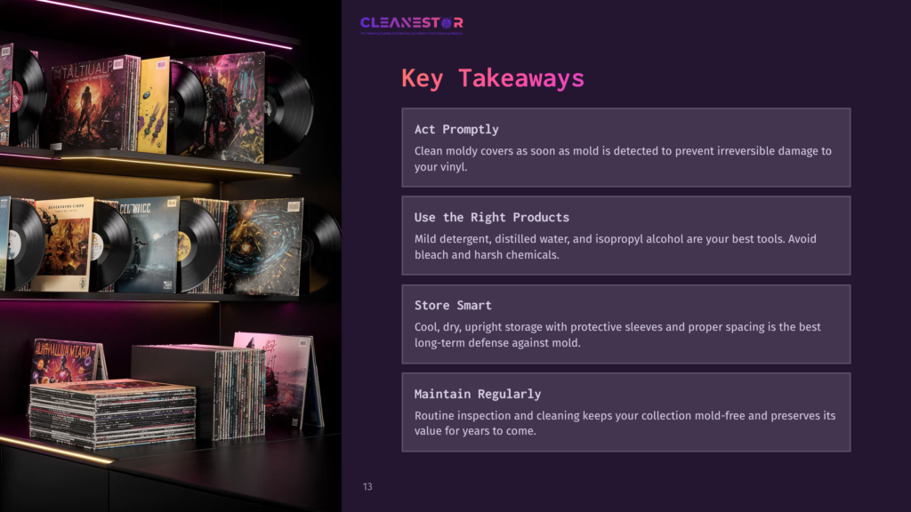 Shelves With Vinyl Records, Some With Protective Covers, Alongside Key Cleaning Tips Highlighted In Contrasting Text On A Dark Background.