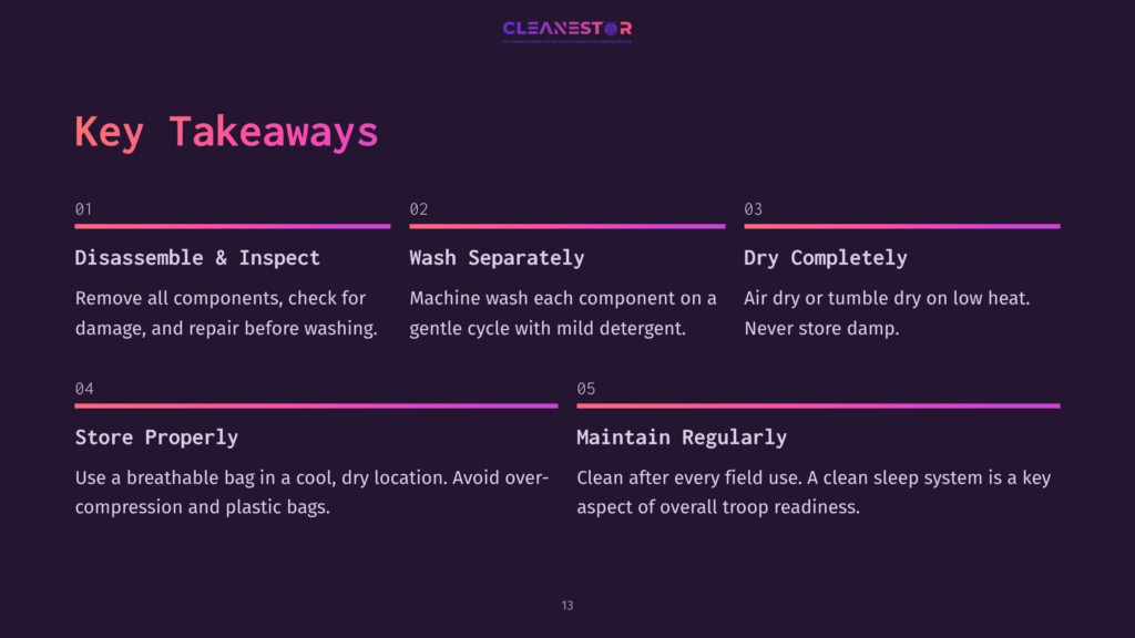 Key Takeaways In Bold White Text On A Dark Background, Listing Steps For Cleaning The Army Sleep System With Numbered Points And Pink Accents.